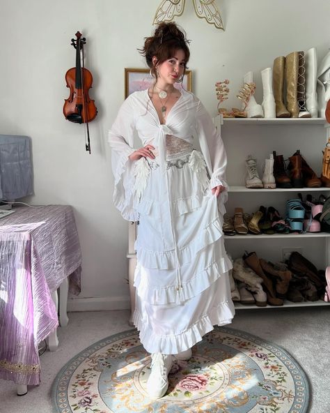 Channeling enchanting vibes in this boho witchy ethereal outfit, where magic meets… https://karmanepalcrafts.com/products/flowy-tiered-skirt-set-with-ruffle-sleeve-wrap-top #BohoWitch #EtherealStyle #fairycore Bell Sleeve Outfit, Tiered Long Skirt, Flowy Outfits, Fairy Core Outfits, Maximalist Outfits, Retro Style Outfits, Witchy Outfits, Long Tiered Skirt, Ruffle Sleeve Top