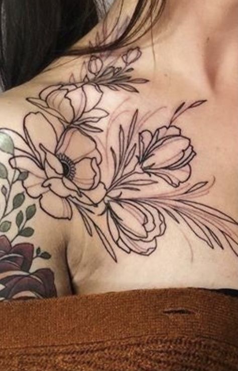 Floral Shoulder Neck Tattoo, Flower Tattoo Clavicle, Peonies Chest Tattoo, Black Work Floral Tattoo, Women’s Chest Tattoos Black, Peony Chest Tattoo Female, Women’s Full Chest Tattoo, Bold Floral Tattoo, Feminine Chest Tattoo For Women