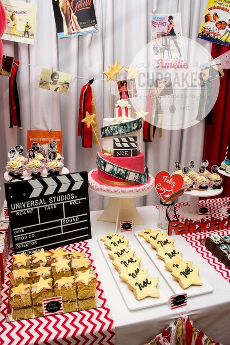 Hollywood Cinema Birthday Birthday Party Ideas | Photo 8 of 12 | Catch My Party Movie Premiere Birthday Party Ideas, Cinema Theme Party Decoration, Cinema Birthday Party Ideas, 15 Birthday Party Themes, Movie Star Party Theme, Hollywood Party Food Ideas, Movie Star Birthday Party, Hollywood Bday Party, Night At The Movies Theme Party