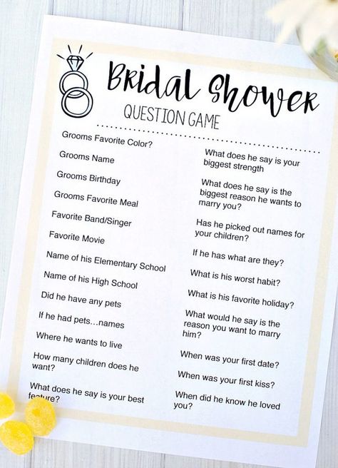 You ask Dylan a series of questions before hand and then ask me the day of the shower and see how well I know my groom. Cute Bridal Shower Question Game, Bridal Shower Questions, Fun Bridal Shower Games, Bridal Games, Question Game, Printable Bridal Shower Games, Wedding Shower Games, Bridal Brunch, Wedding Games