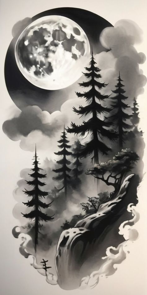 Forest Background Tattoo, Black Forest Tattoo Design, Design Tattoo Black And Grey, Forest Tattoo Sketch, Moon Nature Tattoo, Forest Trees Tattoo, Forrest Tattoo Designs, Tree Forest Tattoo, Moon Mountain Tattoo