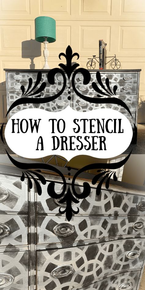 How to stencil a dresser! A full guide to stenciling a dresser with mineral paint. Have you stenciled a dresser before? If so, comment below! Stenciling Furniture, Restaining Wood Furniture, Stencil Dresser, Stenciled Furniture, Accent Drawer, Patchwork Furniture, Furniture Painting Tips, Royal Design Studio Stencil, Refinish Furniture