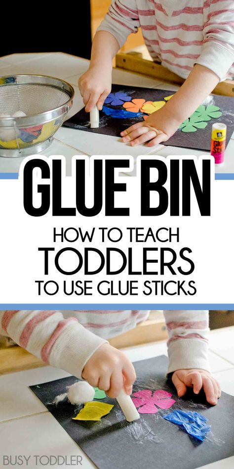 Skill Practice: Glue Stick Activity Bin - a fun way to teach toddlers to use glue sticks. Create a gluing station for toddlers and preschoolers. Preschool Glue, Toddler Skills, Toddler Classroom, Preschool Fine Motor, Teaching Toddlers, Glue Stick, Toddlers And Preschoolers, Practical Life, Busy Toddler