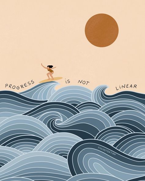 iulia on Instagram: “Progress is not linear... ... i am not failing, i am just riding the wave 🌊 Prints via link in Bio 🪐 I talked on my story about how I drew…” Lateral Thinking, Arte Inspo, Art Et Illustration, Personal Brand, Sailboats, Board Design, Finding Peace, Surfboard, Art Quotes