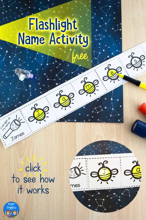 Camping Name Craft, Preschool Name Crafts, Flashlight Craft, Fireflies Craft, Camping Preschool, Name Activity, Preschool Names, Early Literacy Activities, Preschool Winter