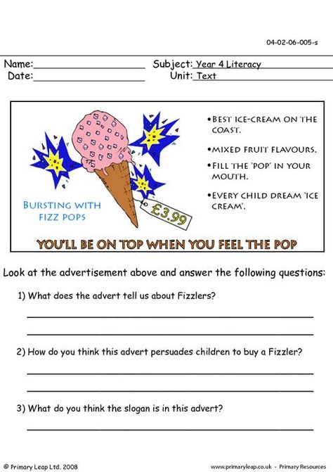 PrimaryLeap.co.uk - Advertising Worksheet Advertising Worksheet, Comprehension For Grade 5, Recount Text Worksheet, Comprehension For Grade 4 With Questions, Comprehension For Grade 5 In English, Ice Cream Reading Comprehension, Media Literacy Lessons, Cloze Activity, Advertising Slogans