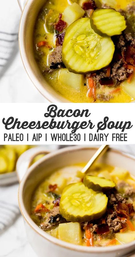 Paleo Bacon Cheeseburger Soup (AIP, Whole30, Dairy free) - Unbound Wellness Paleo Bites, Aip Soup, Aip Dinners, Df Meals, Aip Dinner, Paleo Soups, Whole30 Meals, Unbound Wellness, Bacon Cheeseburger Soup