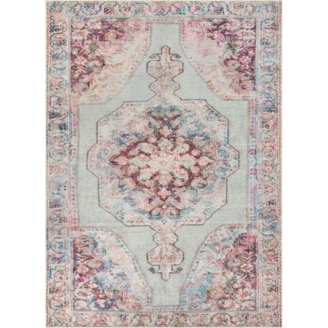 Well Woven Lotus Oriental Area Rug in Pink Gray | Wayfair Free Yarn, Vintage Medallion, Well Woven, Distressed Rug, Pink Area Rug, Pink Pastel, Green Area Rugs, Persian Area Rugs, Washable Area Rugs