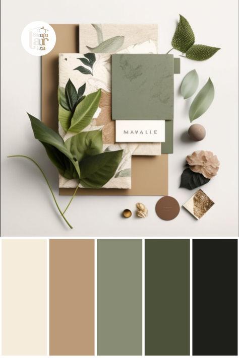 Paleta de cores e Material Board para inspiração feito por uma Design de Interiores, com as cores verde, marrom, bege, caramelo, cinza, folhas, estampas e tecidos. Pensado para inspirar salas de estar e jantar, áreas de convivência comum. Palette Green, Casa Hobbit, Material Board, Green Palette, Mood Board Inspiration, February 15, Vintage Room, Colour Schemes, Color Pallets