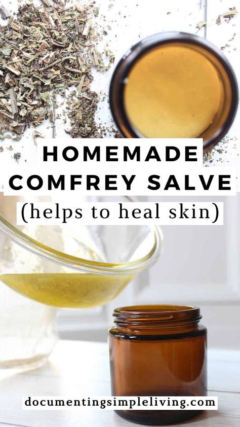 An overhead shot of DIY comfrey salve in a glass jar with dried comfrey next to it. A glass bowl with melted beeswax and comfrey-infused oil being poured into an amber glass jar. Comfrey Salve Benefits, Comfrey Salve Recipe, Comfrey Salve, Healing Salve Recipe, Herbal Medicine Cabinet, Essential Oils For Face, Magnesium Lotion, Salve Recipes, Hand Salve