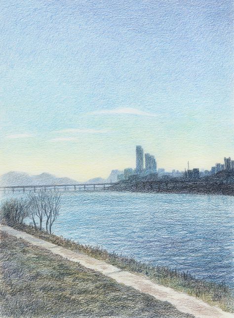 Sky Color Pencil, Sky Sketch Pencil, Landscape Drawings Pencil Colour, Landscape Colored Pencil, Colour Pencil Art Landscapes, Color Pencil Illustration, Pen Art Drawings, Pencil Painting, Abstract Watercolor Art