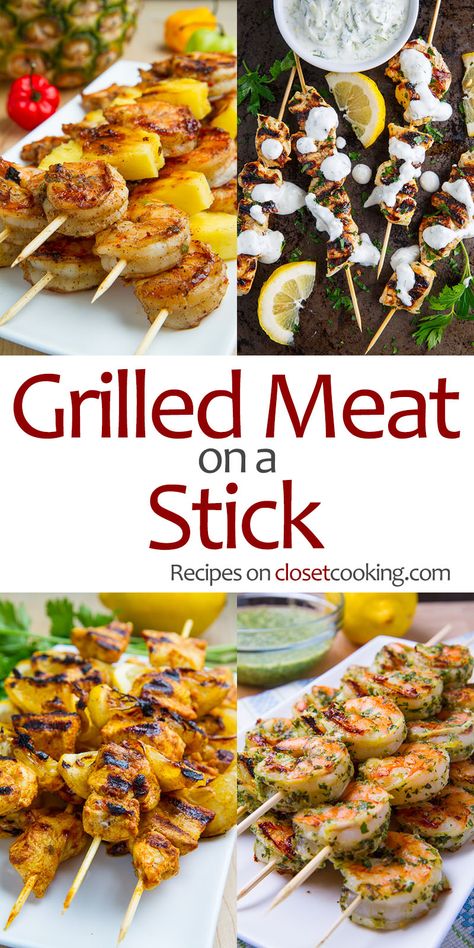 Grilled Meat on a Stick Meat On A Stick, Grilled Kabob Recipes, Closet Cooking, Grilling Kabobs, Meat Skewers, Bbq Pork Ribs, Grilled Meat Recipes, Pork Rib Recipes, Easy Grilling