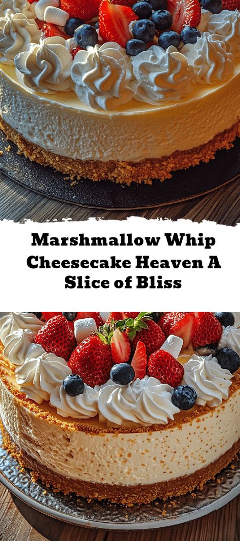 Satisfy your sweet cravings with this dreamy Marshmallow Whip Cheesecake! Combining the classic creaminess of cheesecake with fluffy marshmallows and a crunchy graham cracker crust, each bite is pure bliss. Easy to make in just 20 minutes plus a little chill time, it's perfect for any occasion, from birthday parties to summer picnics. With options to customize, whether you prefer a fruity twist or a dairy-free version, this cheesecake will be a crowd-pleaser. Dive into dessert heaven a Heavenly Cream Cheesecake, Marshmallow Cheesecake Recipe, Cheesecake With Marshmallow Fluff, Marshmallow Whip Cheesecake Heaven, Marshmallow Whip Cheesecake, Fluffy Marshmallows, Summer Picnics, Chill Time, Cracker Crust