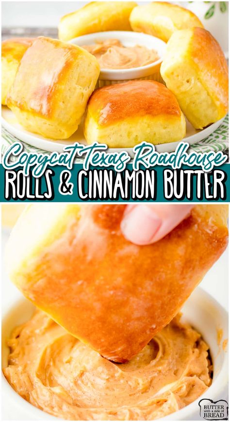 Copycat Texas Roadhouse Rolls made at home with a buttery homemade dough, then baked & slathered with cinnamon honey butter of course! Fantastic homemade dinner roll recipe that are a perfect copycat for Texas Roadhouse! #RoudhouseRollRecipe #CopycatTexasRoadhouse Texas Roadhouse Sides, Roadhouse Rolls Recipe, Texas Roadhouse Rolls Recipe, Copycat Texas Roadhouse Rolls, Smoked Meatloaf Recipe, Texas Roadhouse Butter, Candy Cookies Recipes, Copycat Texas Roadhouse, Dinner Roll Recipe