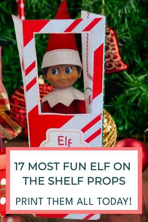 Elf on the Shelf toy peeking out of a red and white festive box in front of a decorated Christmas tree. Text reads: "17 Most Fun Elf on the Shelf Props. Print Them All Today!" Diy Elf On Shelf Accessories, Elf On The Shelf Minecraft Printable, Free Printables For Elf On The Shelf, Elf On The Shelf Cutouts Free Printable, Elf On The Shelf Mustache, Elf On The Shelf Pictures Printable, Elf Selfie Printable, Elf Accessories Diy, Elf On The Shelf Props Diy