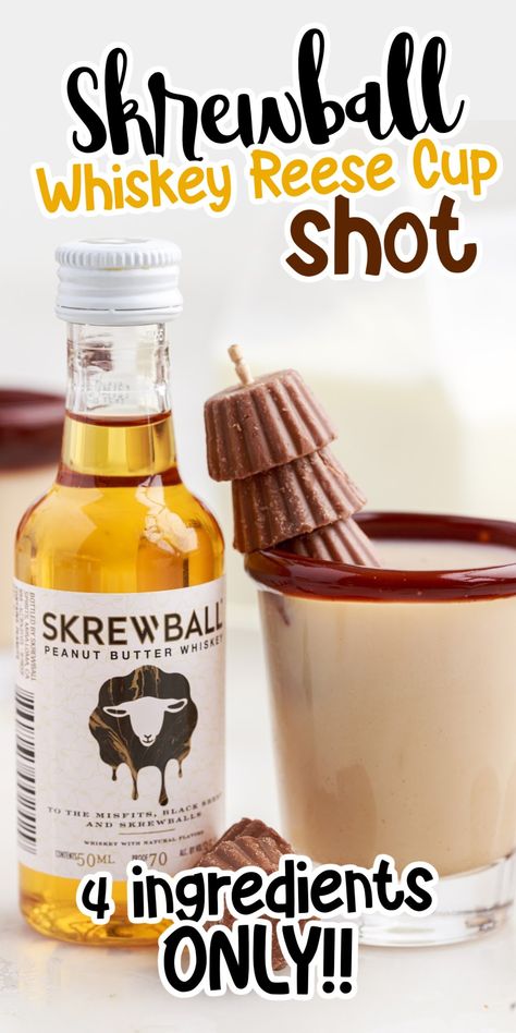 Skrewball Whiskey Reese Cup Shots are filled with delicious flavors of chocolate, peanut butter, and the warmness of whiskey. Only 4 ingredients needed for the perfect party drink! Chocolate Peanut Butter Shots, Skrewball Whiskey Shot Recipes, Reeses Peanut Butter Cup Shots, Shots With Peanut Butter Whiskey, Screwball Whiskey Shots, Peanut Butter Shots Alcohol, Yummy Shots Alcohol, Screwball Shots, Peanut Butter Whisky Cocktails