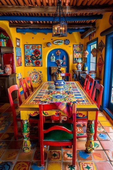 Colorful Dining Set, Mexican Houses Interior, Mexican Dining Room Decor, Mexican Color Palette, Mexican Dining Room, Mexican Houses, Mexican Style Kitchens, Penthouse Ideas, Mexican Restaurant Decor