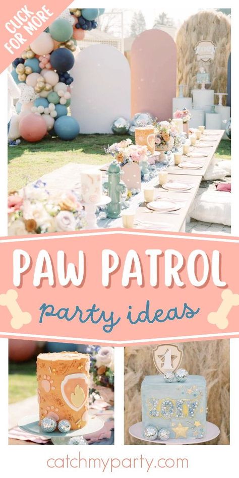 Take a look at this amazing Paw Patrol birthday party! What beautiful table settings!! See more party ideas and share yours at CatchMyParty.com Modern Paw Patrol Birthday Party, Girly Paw Patrol Birthday Party, Paw Patrol Table Decorations, Modern Paw Patrol Party, Girl Paw Patrol Party, Paw Patrol Party Ideas, Puppy Party Theme, Birthday Paw Patrol, Paw Patrol Birthday Theme