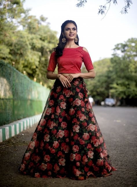 Red Benarasi ColdShoulder Crop Top With Organza Floral Skirt Long Skirt Top Designs, Long Skirt And Top, Crop Top Lehenga, Gown Party Wear, Long Gown Design, Long Skirt Outfits, Half Saree Designs, Long Gown Dress, Long Dress Design