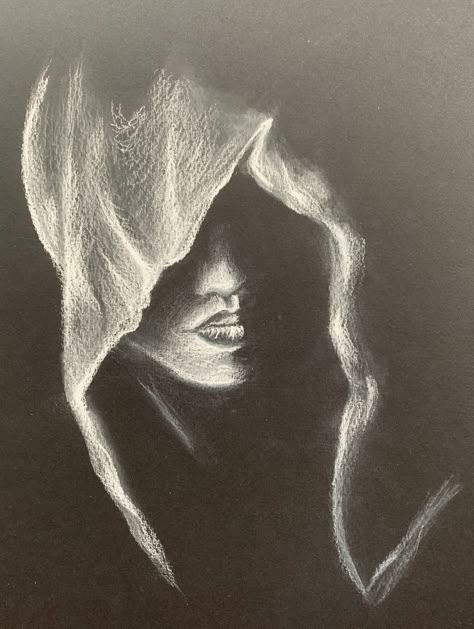 Pastel On Black Paper, Hooded Woman, Monochromatic Scheme, Charcoal Artwork, Movie Bloopers, Skull Sketch, Soft Pastel Art, Black Paper Drawing, White Pastel