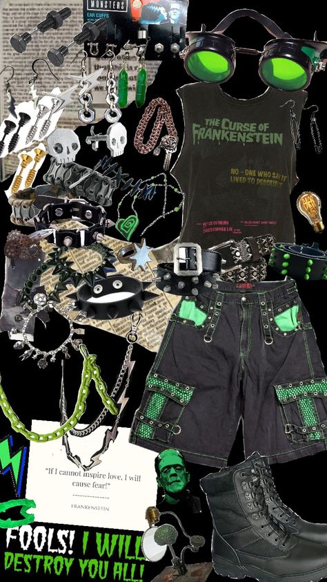 A Frankenstein inspired outfit. Almost like if Frankenstein was a teenager at the height of my metal. Or if he magically appeared in the apocalypse. Hopefully you like it! Frankenstein Moodboard, Frankenstein Outfit, Frankenstein Halloween Costumes, Frankenstein Costume, Peter Cushing, The Apocalypse, Frankenstein, Halloween Ideas, Fashion Inspo Outfits