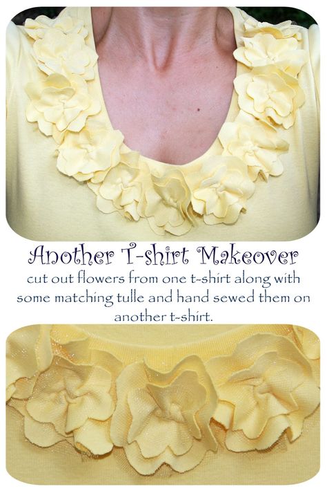 Another T-Shirt Makeover w/ Yellow Flowers   Free Tutorial Altered Tshirt, Umgestaltete Shirts, T Shirt Tutorial, Shirt Makeover, Ruffled Tops, Shirt Tutorial, Bikinis Crochet, Tshirt Makeover, Mode Tips