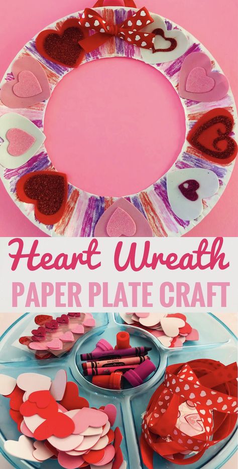 Valentine Heart Paper Plate Wreath Craft - Glitter On A Dime Paper Plate Wreath, Plate Wreath, February Preschool, Preschool Valentine Crafts, Toddler Valentine Crafts, Preschool Valentine, Pinterest Valentines, February Crafts, Valentinstag Party