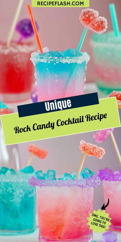 Want to add a splash of sweetness to your drink menu? The Rock Candy Cocktail Recipe blends nostalgia with flavor, making it a perfect choice for candy drinks lovers! This eye-catching cocktail is sure to brighten any event. Save this recipe to create unforgettable moments! Easy Rock Candy, Rock Candy Cocktail, Pop Rocks Candy, Rock Candy Sticks, Candy Cocktails, Colorful Drinks, Candy Drinks, Best Candy, Ice Pops