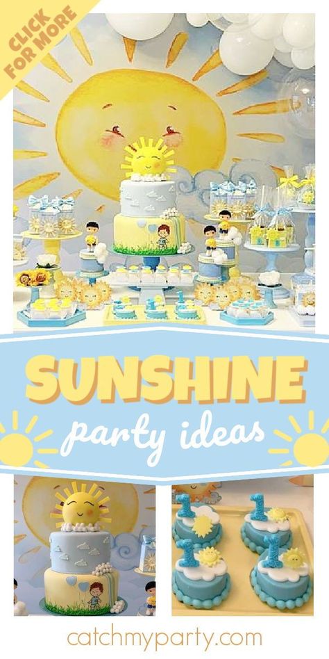 Sunny Themed Birthday Party, Sun Theme, Sunshine Baby Shower Theme Boy, Fun In The Sun Birthday Party Decorations, Sunshine Cake Ideas, Sunshine Theme Desserts, Sun Themed Cake, Sunshine Theme Birthday Party, Sunshine Party