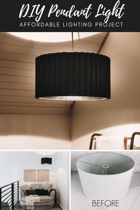 A stunning DIY pendant light! Learn how to make an easy hanging pendant light from a thrifted lamp shape! Upcycle any light shade! Easy tutorial to customize your own lamp or pandant light shade. Love the look of the black pendant light in this modern and minimal space! Love the fluted design. You could make it with white, black, or any colour! Easy handmade idea for your ceiling! Pendant Light With Lamp Shade, Make Your Own Pendant Lights, Diy Black Chandelier, Hanging Lights In Bedroom Pendant Lamps Drum Shade, Pendant Diy Light, How To Make A Pendant Light, Pendant Light Diy Hanging, Pendant Shade Diy, Black And White Lamp Shades