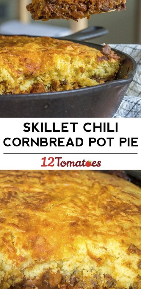 Skillet Chili Cornbread Pot Pie Cornbread Pot Pie, Skillet Chili, Chili Cornbread, With Cornbread, Chili And Cornbread, Iron Recipes, Iron Skillet Recipes, Skillet Dishes, Cast Iron Recipes