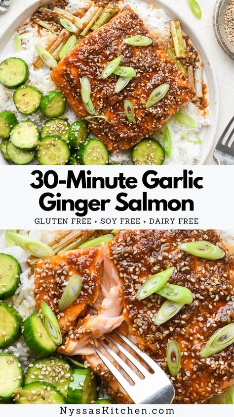 This 30-minute garlic ginger glazed salmon is the new easy salmon recipe you need in your weekly meal rotation! It comes together quickly (no marinade time!) and is made with just a handful of pantry staples. The recipe makes two servings but can easily be doubled to serve four. Gluten free, soy free, and naturally sweetened with a bit of honey! Soy Free Salmon Recipe, Garlic Ginger Salmon, Salmon Recipes Gluten Free Dairy Free, Aip Salmon Recipes, Ginger Salmon Recipes, Gluten Free Pescatarian Recipes, Ginger Salmon Marinade, Salmon Asian Recipes, Asian Salmon Marinade