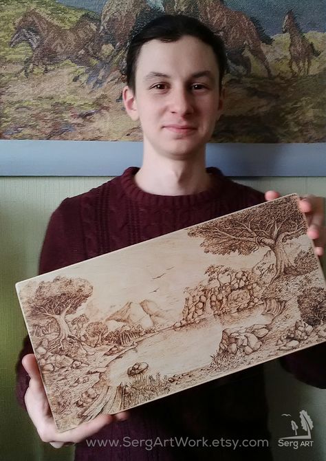 Nature Pyrography, Woodburning Landscapes, Wood Burning Landscape, Forest Wood Burning, Pyrography Scenery, Waterfall Sounds, Wooden Door Signs, Pyrography Art, Diy Wooden Projects