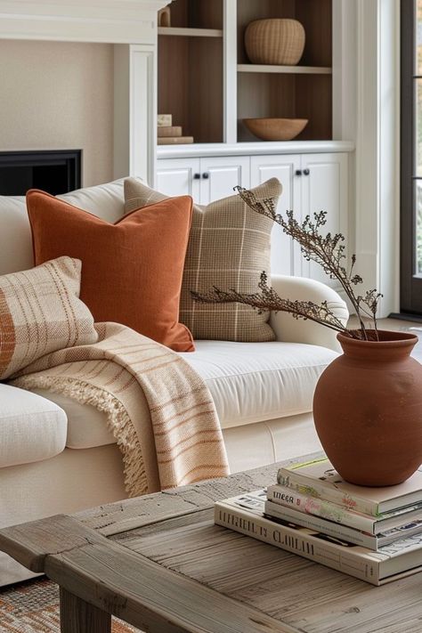 Mustard Pillows Living Rooms, Fall Color Decor, Orange Pillows Living Room, Orange Decor For Living Room, Burnt Orange Fall Decor, Autumn Room Ideas, Burnt Orange Living Room Decor, 2025 Pantone, Interiors 2024