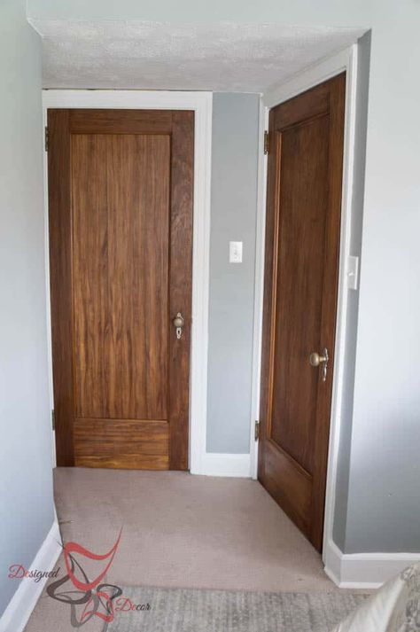 Wood Door With Painted Trim, Refinishing Interior Wood Doors, Refinish Hollow Core Doors, Refinish Doors Wood, Refinish Wood Door, Staining Hollow Core Interior Doors, Staining Interior Doors, Stained Doors White Trim, Hollow Core Door Makeover Diy