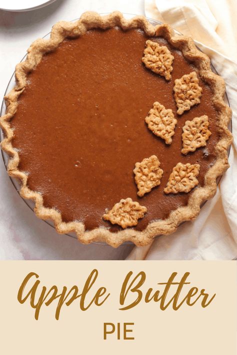 This Apple Butter Pie is a unique twist on a classic flavor for fall pies. It's simple to make, thanks to the use of store-bought apple butter and has a silky smooth filling. Bake it up in a whole-grain Spelt Pie Crust and serve it with Maple Whipped Cream for a fun apple flavored pie. #pie #pierecipes #thanksgivingpie #fallrecipes #apple Meatball Pie, Apple Butter Pie, Easy Apple Butter, Fall Pies Recipes, Hp Sauce, Creamy Pie, Fall Pies, Butter Crust, Apple Pie Recipe