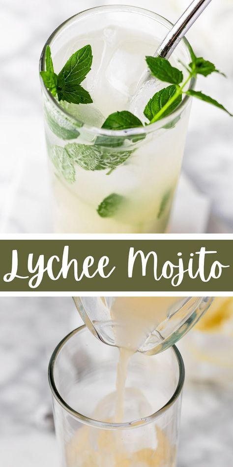 This lychee mojito is a fresh and refreshing summer cocktail. The light and floral flavors from the lychee give a unique twist on the classic mojito. Lychee Mojito Recipe, Lychee Juice Cocktail, Witchy Cocktails, Mango Tango Drink, Lychee Mocktail, Lychee Drink, Lychee Mojito, Sweet Drinks Recipes, Mojito Pitcher