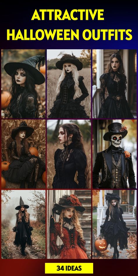 Embrace the dark side of fashion with these hauntingly beautiful halloween outfits. From elegant Victorian ghosts to modern-day monsters, discover your perfect halloween persona. Choose from 34 hairstyle variations to complete your look. Mix and match elements from different eras for a unique twist on classic costumes. Make a lasting impression with these carefully crafted ensemble ideas. Gothic Victorian Halloween Costume, Classy Witch Costume For Women, Haunted Outfit Ideas, Different Witch Costumes, Vampire Chic Fashion, Elegant Witch Costume, Gothic Halloween Costume Ideas, Victorian Witch Outfit, Dark Angel Costume Diy