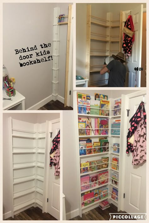 Bookshelves Behind Door, Books Around Door, Behind The Door Storage Kids Room, Behind The Door Bookshelf, Behind Front Door Storage, Behind Door Bookshelf, Bookshelf Behind Door, Behind The Door Book Shelves, Behind The Door Storage Ideas