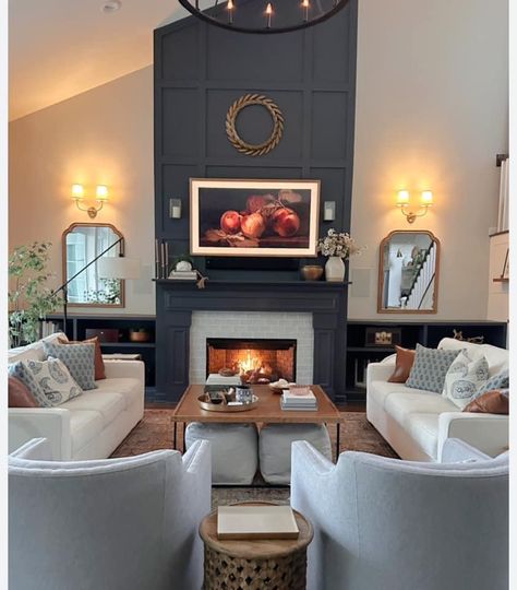 Deep Fireplace, Painted Fireplace, Tall Fireplace, White Mantel, Painted Interior Doors, Black Interior Doors, Paint Fireplace, Black Fireplace, Thrifty Diy