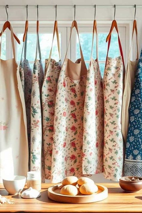 Aprons with various floral and patterned designs hanging by a kitchen window, with fresh bread rolls on a wooden counter below. Kitchen Apron Aesthetic, Cooking Apron Aesthetic, Apron Aesthetic, Waterproof Apron, Xmas List Ideas, Aprons For Women, Cross Back Apron, Floral Apron, Xmas List