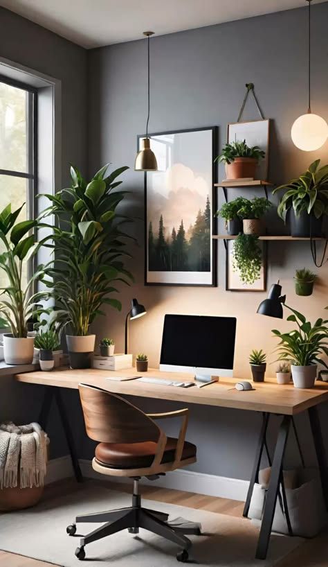 Office Plants Ideas Interior Design, Modern Cozy Home, Dads Office, Biophilic Interior, Home Office Shelves, Ideas Habitaciones, Home Office Layout, Desk Plants, Cozy Office