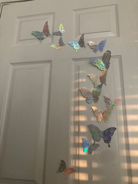 Sparkly butterflies shimmery reflective butterflies stick on stick onto door door decoration temporary decoration temporary door decoration cute door decoration pretty door decoration aesthetic door decoration teenage decoration room makeover How To Decorate Door, Closet Door Decoration Ideas Aesthetic, Bedroom Door Ideas Aesthetic, Decorated Bedroom Door, Closet Door Decoration Ideas, Aesthetic Door Ideas, Painted Closet Doors Aesthetic, Bedroom Door Decor Ideas, Painted Doors Creative Bedroom