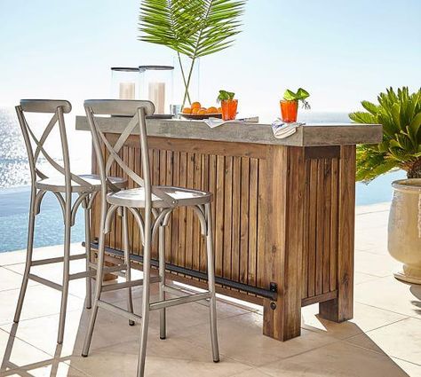 Concrete and Brown Wood Bar Area Bar Exterior, Weathered Furniture, Scandinavian Dining, Concrete Furniture, Wood Bar, Outdoor Dining Furniture, Patio Bar, Outdoor Bar, Pool Patio