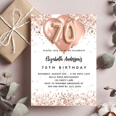 70th birthday rose gold balloons white sparkles invitation | Zazzle 70th Birthday Invitations, Birthday Roses, Rose Gold Balloons, Luxury Invitation, 70th Birthday Parties, Gold Balloons, 70th Birthday, Wedding Stationery, Valentine Day Gifts