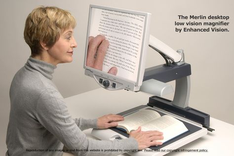 Magnifying device  which sits on a desktop, table, or sturdy flat surface.  This assistive device provides one level of magnification like that of a traditional magnifying glass.  The advantage of this type of desktop magnifier is the simple, easy to use design and affordability. Assistive Technology Devices, Low Vision Aids, Educational Technology Tools, Adaptive Tools, Desktop Table, Social Stories Preschool, Visual Impairment, Adaptive Equipment, Visual Schedules