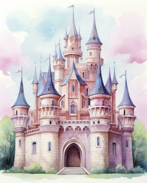 Disney Castle Art, Unicorn Mural, Watercolor Kawaii, Disney Palace, Disney Princess Castle, Silhouette Butterfly, Castle Illustration, Castle Background, Baby Shower Photography