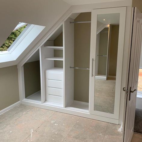 2 walls of fitted wardrobes installed this week to this newly converted loft bedroom in Shortlands, Kent (doors to follow) #loft… | Instagram Built In Wardrobe Ideas Loft Room, Small Loft Walk In Wardrobe, Annex Bedroom Ideas, Loft Conversion Bedroom Decor, Bedroom With Eaves, Loft Room Ideas Bedrooms, Storage Bedroom Ideas, Loft Bedroom Decor, Converted Loft