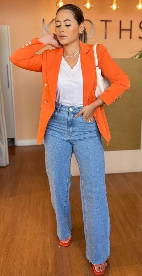 Orange Blazer Outfits, Dress And Jeans, Stylish Workwear, Friday Wear, Blazer Ideas, Outfits Jeans, Blazer Outfits For Women, Orange Blazer, Work Fits