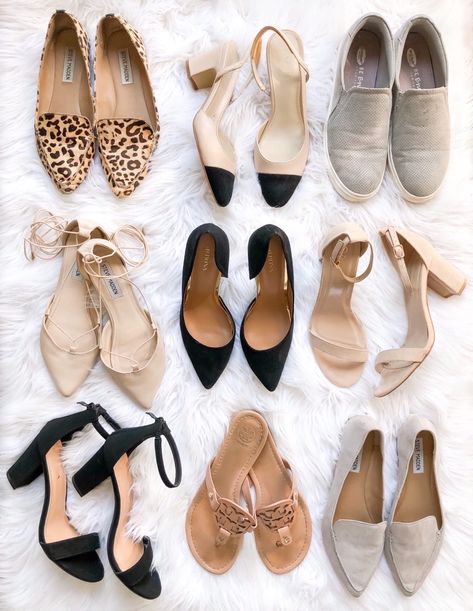 My Spring & Summer Shoe Capsule - Dani Thompson - Chic Capsule Closet Capsule Shoes, Shoe Capsule, Block Heels Black, Minimalist Fashion Summer, Tan Block Heels, Grey Loafers, Tory Burch Flip Flops, Leopard Loafers, Office Shoes Women